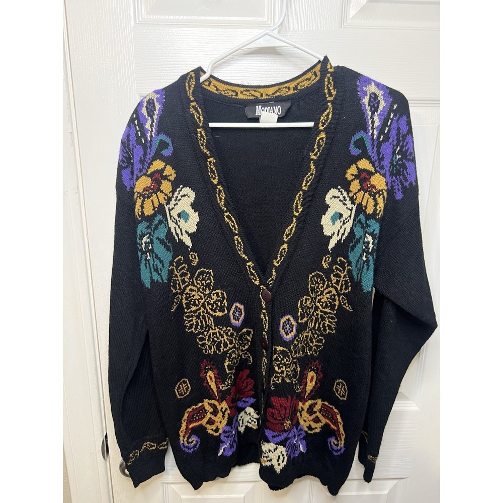Vintage Modiano cottagecore Cardigan Sweater Women's  Black Floral Knit Button S